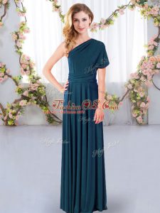 On Sale Floor Length Criss Cross Quinceanera Court Dresses Teal for Wedding Party with Ruching
