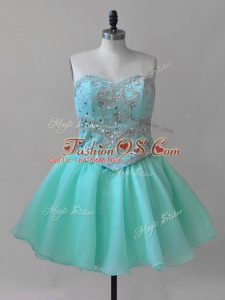 Elegant Aqua Blue Organza Lace Up Sweetheart Sleeveless Mini Length Beading and Lace