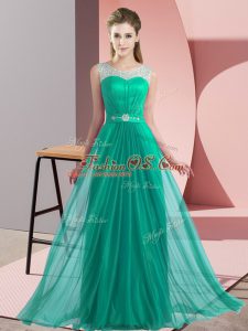 Sleeveless Floor Length Beading Lace Up Dama Dress with Turquoise