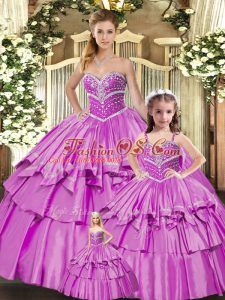 Pretty Lilac Sleeveless Floor Length Beading and Ruffled Layers Lace Up Sweet 16 Dresses