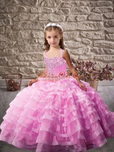 Lace Up Little Girl Pageant Gowns Lilac for Party and Sweet 16 and Wedding Party with Beading and Ruffled Layers Brush Train