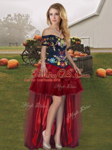 Free and Easy Off The Shoulder Sleeveless Homecoming Dress High Low Embroidery and Ruffled Layers Wine Red Organza