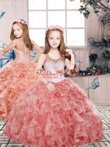 Top Selling Organza Scoop Sleeveless Zipper Beading and Ruffles Little Girl Pageant Gowns in Red