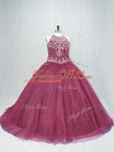 Graceful Burgundy Tulle Lace Up Sweet 16 Quinceanera Dress Sleeveless Brush Train Beading