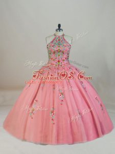 Discount Halter Top Sleeveless 15 Quinceanera Dress Brush Train Appliques and Embroidery Pink Tulle