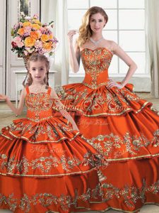 New Style Orange Ball Gowns Satin and Organza Straps Sleeveless Embroidery and Ruffled Layers Floor Length Lace Up Vestidos de Quinceanera