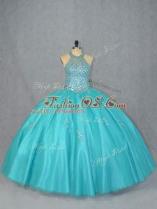 Fantastic Halter Top Sleeveless Lace Up 15 Quinceanera Dress Aqua Blue Tulle