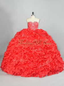 Red Lace Up Sweetheart Beading and Ruffles Sweet 16 Quinceanera Dress Organza Sleeveless Brush Train