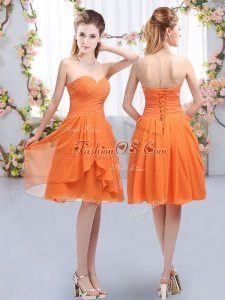 Colorful Orange Chiffon Lace Up Bridesmaid Dresses Sleeveless Knee Length Ruffles and Ruching