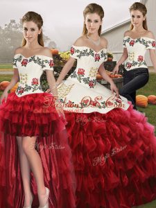Gorgeous Wine Red Sleeveless Floor Length Embroidery and Ruffled Layers Lace Up Vestidos de Quinceanera