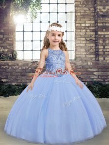 Light Blue Lace Up Little Girl Pageant Gowns Beading Sleeveless Floor Length