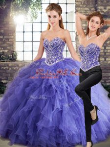 Lavender Two Pieces Tulle Sweetheart Sleeveless Beading and Ruffles Floor Length Lace Up Quinceanera Gown
