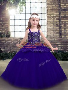 Purple Lace Up Straps Beading Pageant Gowns For Girls Tulle Sleeveless