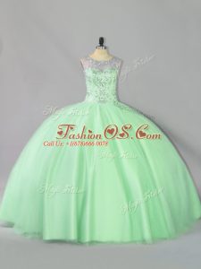 Flare Ball Gowns Ball Gown Prom Dress Apple Green Scoop Tulle Sleeveless Floor Length Lace Up
