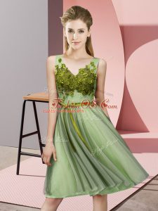 Yellow Green Tulle Lace Up V-neck Sleeveless Knee Length Damas Dress Appliques
