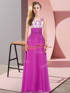 Great Fuchsia Sleeveless Appliques Floor Length Wedding Guest Dresses