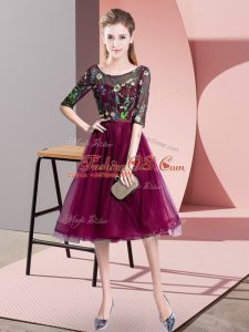 Fuchsia Scoop Neckline Embroidery Vestidos de Damas Half Sleeves Lace Up