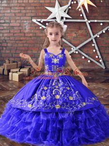 Cheap Blue Straps Neckline Embroidery and Ruffled Layers Child Pageant Dress Sleeveless Lace Up