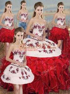 Designer White And Red Lace Up Sweetheart Embroidery and Ruffles and Bowknot Sweet 16 Dress Organza Sleeveless