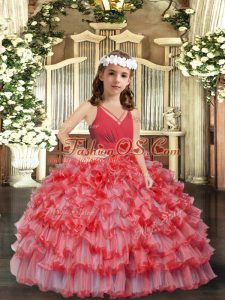 Floor Length Coral Red Child Pageant Dress V-neck Sleeveless Zipper
