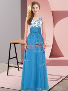 Fashion Blue Sleeveless Chiffon Backless Quinceanera Court of Honor Dress for Wedding Party