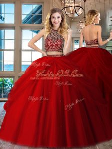 Lovely Red Tulle Backless Halter Top Sleeveless Floor Length Sweet 16 Dress Beading