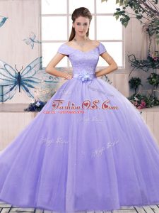 Floor Length Lavender Sweet 16 Quinceanera Dress Tulle Short Sleeves Lace and Hand Made Flower