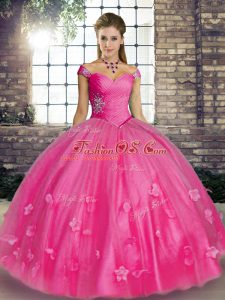 Floor Length Hot Pink Quince Ball Gowns Tulle Sleeveless Beading and Appliques