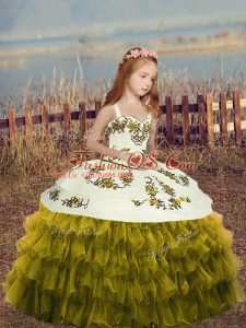 Sleeveless Organza Floor Length Lace Up Little Girl Pageant Gowns in Olive Green with Embroidery and Ruffles