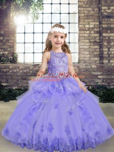 Lovely Lavender Scoop Neckline Beading and Appliques Pageant Gowns For Girls Sleeveless Lace Up