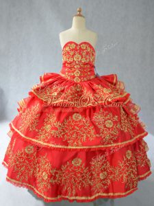 Attractive Red Ball Gowns Satin Sweetheart Sleeveless Embroidery and Ruffled Layers Floor Length Lace Up Little Girl Pageant Gowns
