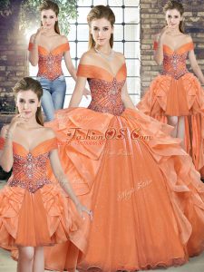 Orange Off The Shoulder Neckline Beading and Ruffles Vestidos de Quinceanera Sleeveless Lace Up