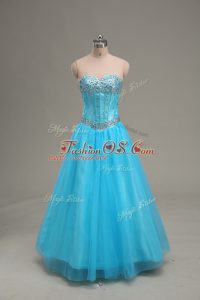 Amazing Sleeveless Tulle Floor Length Lace Up Prom Gown in Aqua Blue with Beading