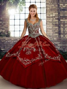 Floor Length Wine Red Sweet 16 Dress Tulle Sleeveless Beading and Embroidery