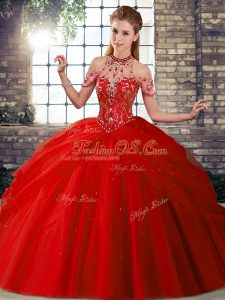 Customized Red Tulle Lace Up Halter Top Sleeveless Ball Gown Prom Dress Brush Train Beading and Pick Ups