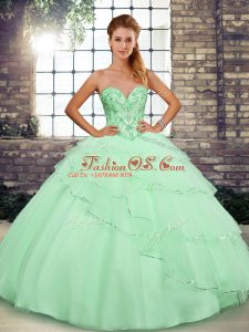 Dramatic Apple Green Tulle Lace Up Sweetheart Sleeveless Quinceanera Dresses Brush Train Beading and Ruffled Layers