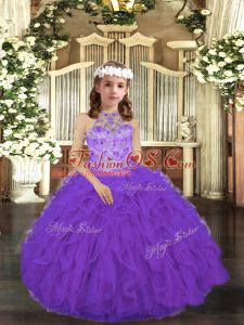 Purple Tulle Lace Up Girls Pageant Dresses Sleeveless Floor Length Beading and Ruffles