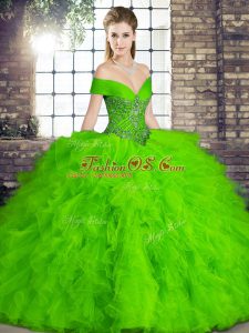 Sleeveless Floor Length Beading and Ruffles Lace Up Quinceanera Dress with Green