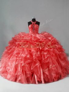 Fantastic Coral Red Sleeveless Organza Brush Train Zipper Quinceanera Gown for Sweet 16 and Quinceanera