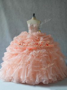Peach Organza Lace Up Quinceanera Dresses Sleeveless Floor Length Beading and Ruffles