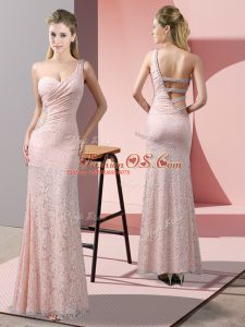 Baby Pink Criss Cross One Shoulder Beading and Lace Prom Gown Lace Sleeveless