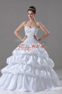 Taffeta Sleeveless Bridal Gown Brush Train and Embroidery and Pick Ups