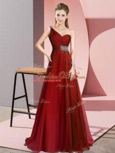 Dramatic Brush Train Empire Prom Evening Gown Wine Red One Shoulder Chiffon Sleeveless Criss Cross