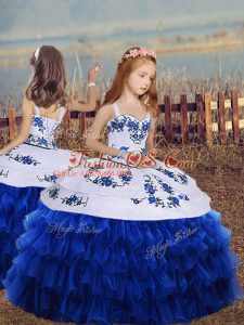 Excellent Organza Straps Sleeveless Lace Up Embroidery and Ruffled Layers Little Girl Pageant Dress in Royal Blue