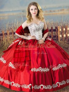Red Ball Gowns Beading and Embroidery Quinceanera Dresses Lace Up Satin Sleeveless Floor Length