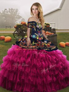 Floor Length Fuchsia Quince Ball Gowns Organza Sleeveless Embroidery and Ruffled Layers