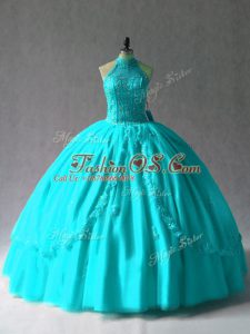 Dramatic Aqua Blue Tulle Lace Up Halter Top Sleeveless Floor Length Quinceanera Gowns Appliques