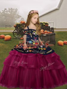 Top Selling Floor Length Fuchsia Pageant Dress Toddler Straps Sleeveless Lace Up