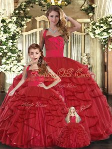 Red Lace Up Quinceanera Dresses Ruffles Sleeveless Floor Length