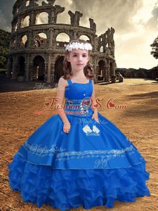 Floor Length Blue Little Girl Pageant Dress Satin and Organza Sleeveless Embroidery and Ruffled Layers